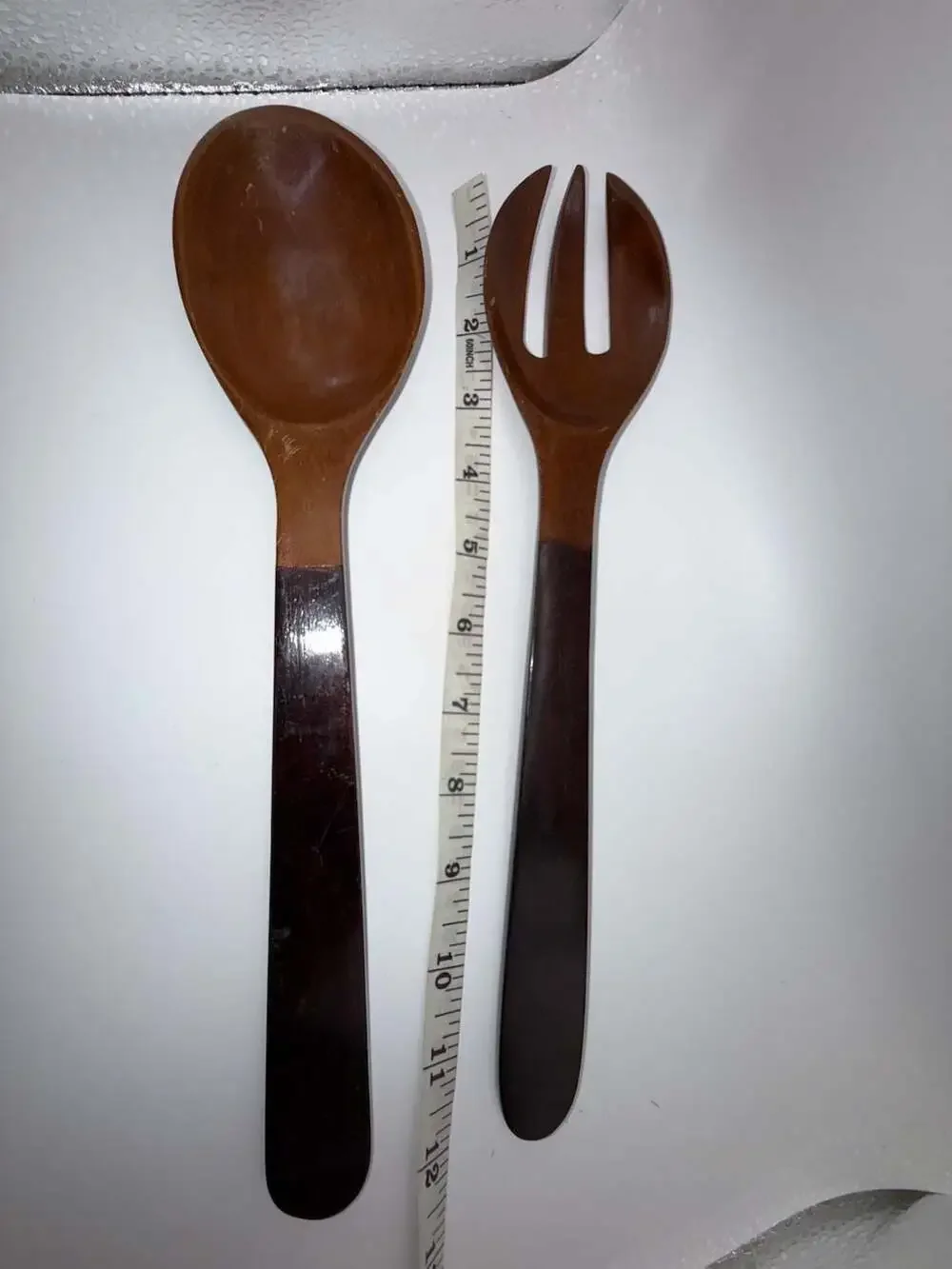Vintage Mid-Century Two-Tone Hardwood Salad Serving Spoon and Fork Set